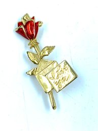 Vintage Signed Curtis Creations (CC) Goldtone Rose I Love You Brooch