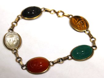 FINE GENUINE HAND CARVED SEMIPRECIOUS STONE SCARAB BRACELET GOLD FILLED