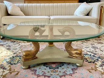 Gorgeous Vintage Hollywood Regency KOI Fish Glass Top Coffee Table