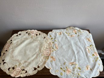 Two Floral Embroidered Tablecloth Centerpieces