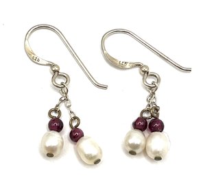 Sterling Silver Pearl Color Beaded Dangle Earrings