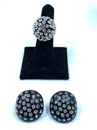 Vintage Signed Weiss Button Earrings W/ Complimentary Rhinestone Ring