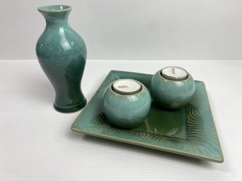 Green Glazed Lot Vase, Plate And Votive Candle Holders (4)