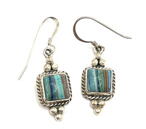 Gorgeous Sterling Silver Multi Color Striped Stone Ornate Dangle Earrings