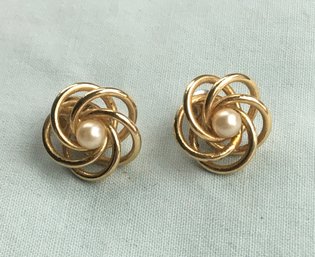 Vintage Monet Gold Plated Spiral Pearl Love Knot Earrings