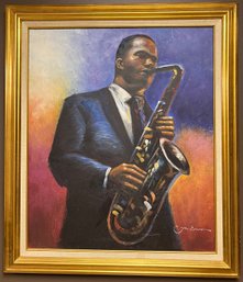 Saxophone Player Oil On Canvas Painting - Jan Browne - Black African American Man Musician - 24.5 X 28.5 Inch