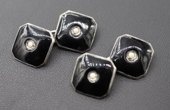 Vintage Black Enamel & Seed Pearl Sterling Silver Cufflinks