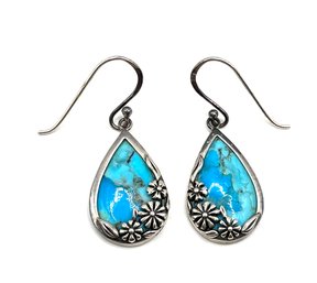 Gorgeous Vintage BOMA Designer Sterling Silver Turquoise Ornate Dangle Earrings