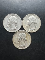 3 Washington Silver Quarters 1954, 1954-D, 1964-D