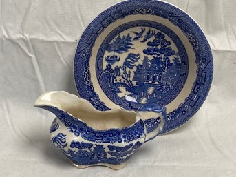 Rare Antique ALLERTONS ENGLAND WILLOW Flow Blue Porcelain Bowl And Gravy Boat