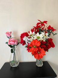 Pair Of Faux Floral Arrangements In Clear Vases