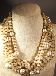 VERY FINE COSTUME VINTAGE MULTI STRAND CRYSTAL AND FAUX PEARL GOLD TONE COLLAR NECKLACE