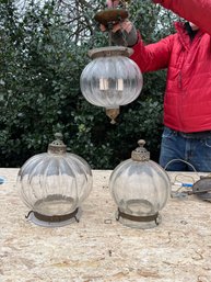 3 Antique Glass Pumpkin Pendants - Val St. Lambert Crystal Globe