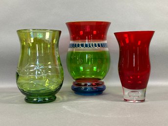 Three Festive Glass Vessels In Bright Tones #1
