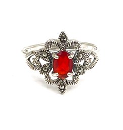 Vintage Sterling Silver Red Stone Marcasite Ring Size 8.5