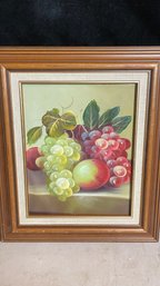 Original Oil Painting Still Life Of Grapes And Peaches, Signed On Reverse