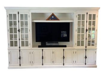 HUGE Restoration Hardware Media Cabinet With Glass Paned Side Cupboards And Crown Moulding