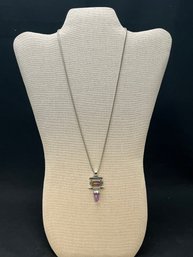 Signed Long Silver Tone Necklace With Two Stone Amethyst Pendant - 20' Long