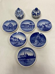 Set Of 6 2010 Series Danish Decorative Plates 3in Denmark 2 Unmarked Trinket Urns With Lids