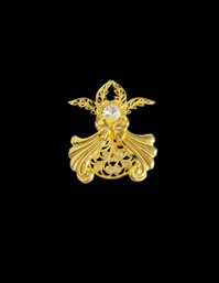 Gold Tone With Clear Stone Angel Figurine Brooch/pin