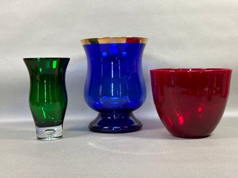 Three Festive Glass Vessels In Bright Tones #2