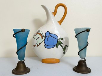 Art Metal And Glass Sculptural Wine Goblets And A Majolica Pitcher