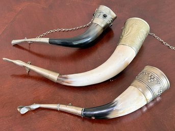A Trio Of Vintage Shofars With Silver And Brass Fittings