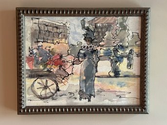 Framed Watercolor Art Of A Lady In Black Dress  By Flower Cart