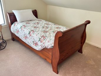 (1 Of 2) Complete Wood Sleigh Bed Twin Size With Bedding, Mattress, And Box Spring