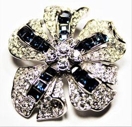 Nolan Miller Signed Silver Tone Brooch White And Blue Rhinestones