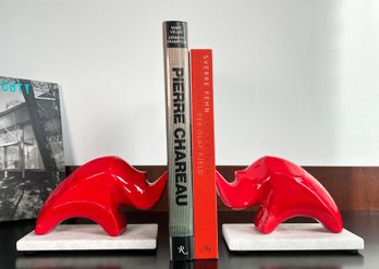 Pair Of Vintage Red Rhino Cast Metal On Granite Bookends