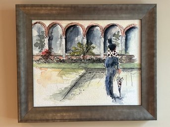 Framed Watercolor Art Of A Lady In Black Dress