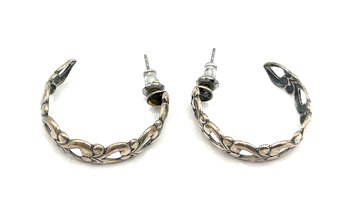 Vintage Sterling Silver Designer Ornate Cut Out Hoop Earrings