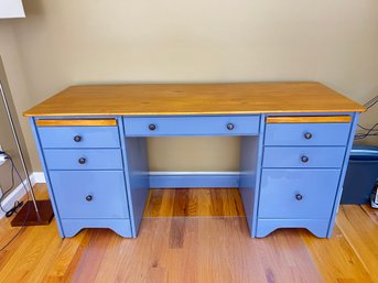 Wood Desk With Natural Finish Top And Blue Painted Drawers