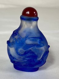 Antique Chinese Snuff Bottle Blue Carved Glass 2in No Chips