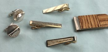 Lot Of MCM Gentleman's Jewelry - Art Deco Silver Cuff Links, 3 Tie Bars (swank), Dollar Bill Money Fold