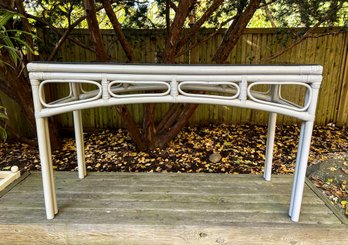 Vintage Painted Grey Rattan Console With Smokey Glass Top