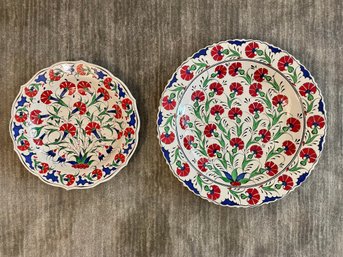 Colorful Turkish Platter & Low Bowl By Iznik Pottery