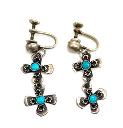 Vintage Designer Mexican Sterling Silver Turquoise Ornate Dangle Screw Back Earrings