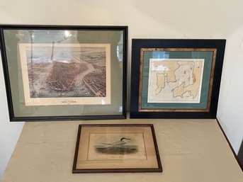 Framed Maps Of New York City Rhode Island And Bird Print