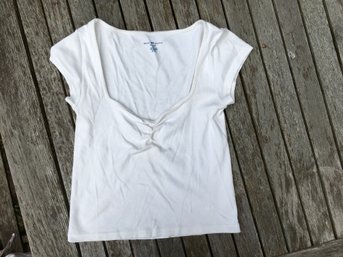 BRANDY MELVILLE,  Cotton Jersey Ruched V-Neck T Shirt, Cap Sleeves, White, One Sz