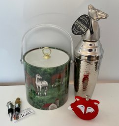 Nice Bar Lot ~ New Horse Head Cocktail Shaker, Horse Themed Ice Bucket, Fox Flask & 2 New Glass Stoppers ~