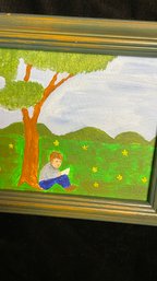 Original Primitive Oil Painting Of A Boy Sitting Under A Tree