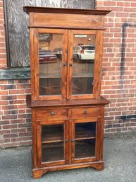 Very Nice Antique Style Mahogany Country Cupboard / Cabinet Glass Doors / Two Drawers - Very Rustic Piece