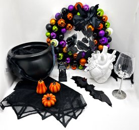 Halloween Decorations: Wreath, Heart Vase, Cape, Spider Web Table Cloths, Pumpkin Lights & More