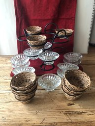Metal Fruit Stand, 12 Candle Holders & 12 Wicker What Nots