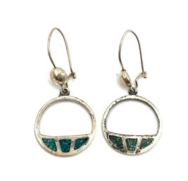 Vintage Designer Sterling Silver Turquoise Inlay Dangle Earrings