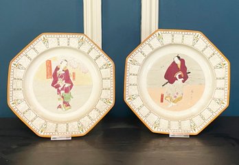 A Pair Of Antique Hand Painted Hexagonal Plates