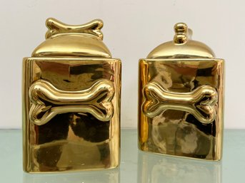 A Pair Of Gilt Porcelain Dog Treat Containers