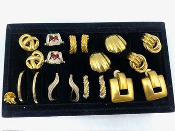 Collection Of Goldtone Earrings Including Lapel Pin, Faux Pearl, & Rhinestone